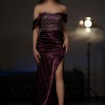 پیراهن مجلسی ساتن دکلته آفشولدر بنفش