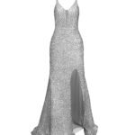 پیراهن ماکسی پولکی مجلسی نقره ای